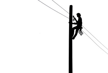 Silhouette of Electrician repairing wire on electric power pole on white background.       