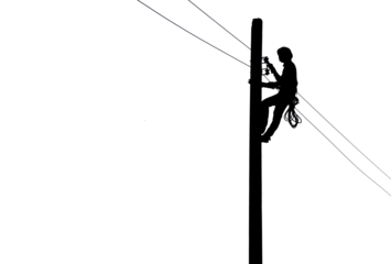 Silhouette of Electrician repairing wire on electric power pole on white background.       