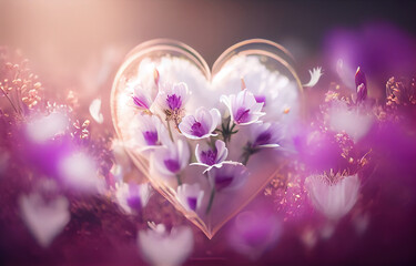Delicate lilac heart against the background of blurred wildflowers. The concept of love for nature. Generative AI