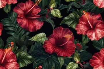 Tropical vintage red hibiscus and strelitzia floral green palm leaves seamless pattern black background. Exotic jungle wallpaper.generative ai.