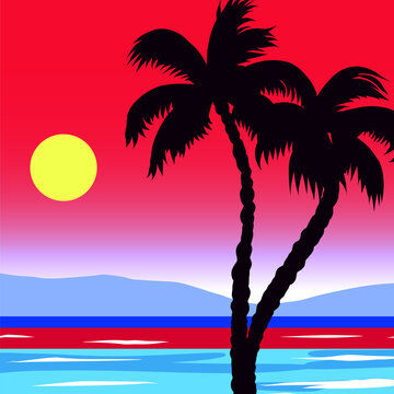 Abstract tropical landscape with palm trees at sunset. Vector illustration in cartoon style.