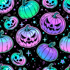 Seamless pattern of halloween cartoon colorful neon pumpkins
