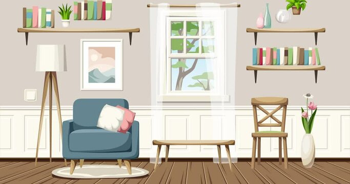 Living room interior decoration. 2d cartoon animation