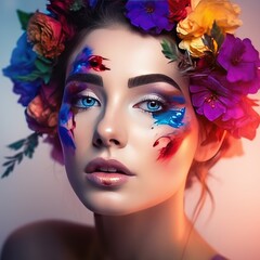 Sensual woman with body art and colored eyes and lips, flowers. Generative AI