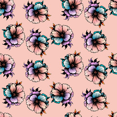 Colored vector seamless half-drop pattern, with inked style flowers