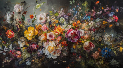 Fototapeta na wymiar Floral Masterpiece: A Generative AI Interpretation of a Classic Dutch Master Flower Painting