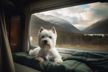 A West Highland Terrier lounges in a cozy camper van with a stunning view of the Scottish Highlands and a nearby loch. Generative AI