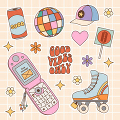 Set of retro objects. Flip phone, disco ball, roller skates, lollipop, soda, drink, soda, baseball cap, razor blade. Back to 90s. Nostalgia for 1990s element. Retro style.