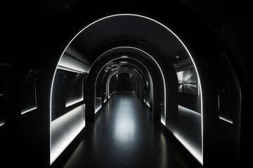 Minimalistic luxury exhibition with contemporary black tunnel and backlight. Generative AI