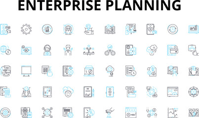 Enterprise planning linear icons set. Strategy, Budgeting, Forecasting, Analysis, Optimization, Execution, Planning vector symbols and line concept signs. Integration,Alignment,Alignment illustration