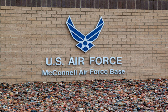 Wichita, Kansas, USA - March 22, 2022: The sign for McConnell Air Force Base is shown in Wichita, Kansas, USA. McConnell Air Force Base is a United States Air Force base. 