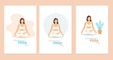 International day of yoga. 21st of June. Meditation Practice Lotus position. Poster, flyer or banner for your purposes.