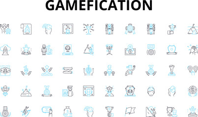 Gamefication linear icons set. Engagement, Motivation, Rewards, Challenge, Progression, Feedback, Achievement vector symbols and line concept signs. Competition,Leaderboard,Fun illustration