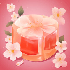 Vector drawing of Japanese sweets peach jelly with sakura petals. On a pink background.