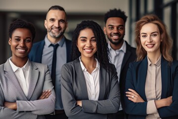 Fototapeta premium Group of successful smiling multiethnic business team looking at the camera . Generative AI