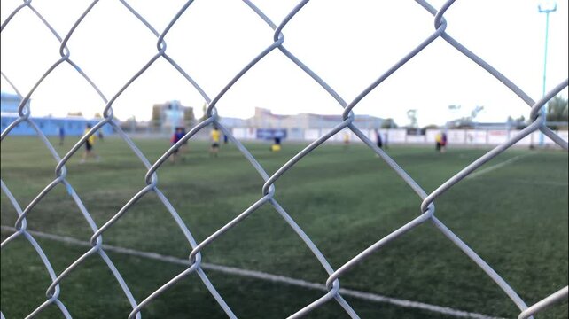 Soccer field through the  mesh that surrounds it. Boys training soccer on the field.