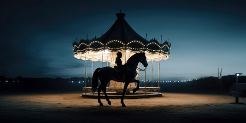 Silhouette of a girl on a graceful horse on the background of a carousel (Generative AI)