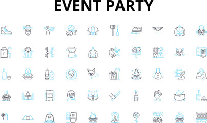 Event party linear icons set. Celebration, Festivity, Gathering, Banquet, Extravaganza, Revelry, Socializing vector symbols and line concept signs. Bash,Shindig,F??te illustration Generative AI