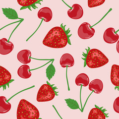 Berry pattern. Seamless strawberry and cherry background with red berries. Textile, fabric print