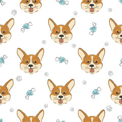 Seamless cartoon Corgi dog face pattern. Vector illustration