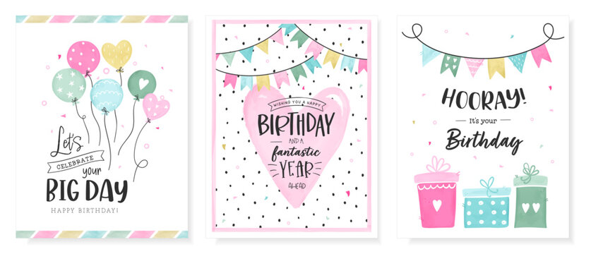 Set of lovely birthday greeting cards with balloons, gifts, confetti and decoration - vector design