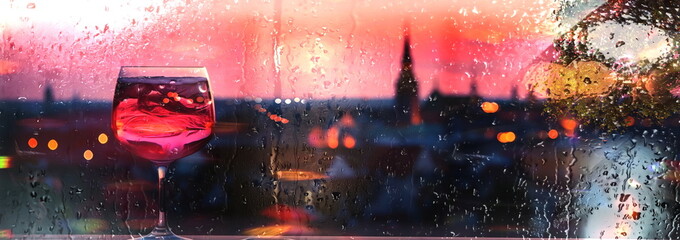 defocus image blurred background  rainy old town city night panorama light overlooking the towers and rooftops of the old town of Tallinn banner, created using  ai tool,generated ai