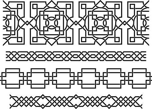 Seamless black geometric brushes, Islamic, Celtic art legacy. Overlapping and interlacing lines. Pattern brushes are included. 