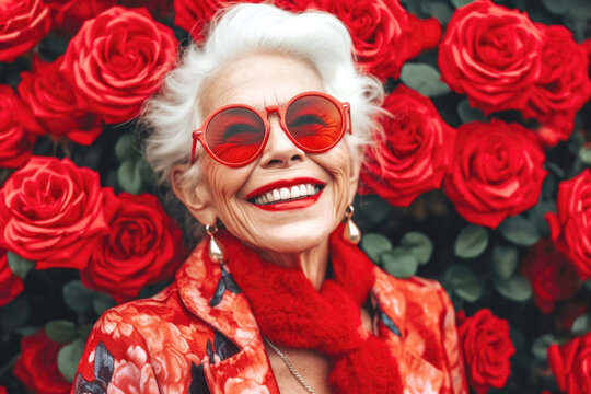 Happy stylish senior woman with red roses. Generative AI.