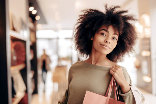 Black woman shopping in clothing store in mall. Generative AI.