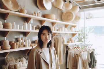 Portrait of Japanese small business woman owner in artisan retail store. Generative AI.