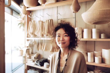 Portrait of Japanese small business woman owner in home goods retail store. Generative AI.
