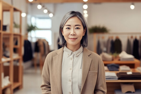 Portrait of Asian small business woman owner in clothing retail store. Generative AI.