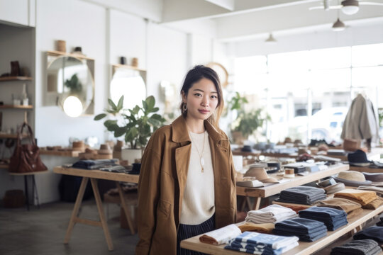 Portrait of Japanese small business woman owner in clothing retail store. Generative AI.