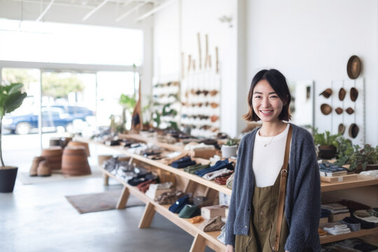 Portrait of Asian small business woman owner in clothing retail store. Generative AI.