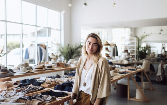 Portrait of Japanese small business woman owner in clothing retail store. Generative AI.