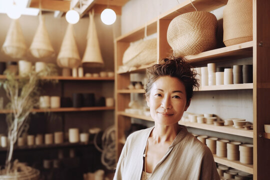 Portrait of Asian small business woman owner in home goods retail store. Generative AI.
