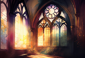An empty chapel with rays of sunlight streaming through stained glass windows, creating a serene and meditative ambiance, watercolor style Generative AI