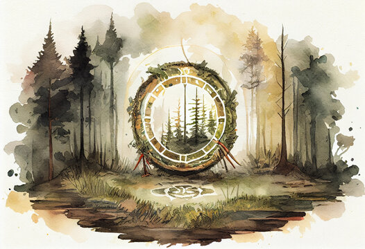 A serene forest clearing with a Native American medicine wheel, representing the spiritual connection to the earth and the cycles of nature, watercolor style Generative AI