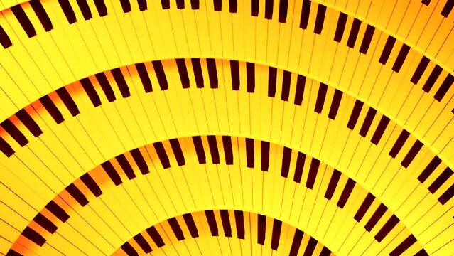 Concept of music, endless rotating wheel with piano keys. Design. Spinning bending rows of piano keys.