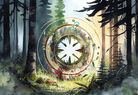A serene forest clearing with a Native American medicine wheel, representing the spiritual connection to the earth and the cycles of nature, watercolor style Generative AI