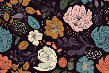 Türaufkleber Seamless Сontemporary Spring Floral Pattern. Hand-drawn illustration. Flowers on black background. Decor, wallpaper, textile. Scandinavian design. Generative Ai. © ckybe