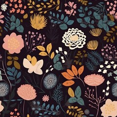Seamless Сontemporary Spring Floral Pattern. Hand-drawn illustration. Flowers on black background. Decor, wallpaper, textile. Scandinavian design. Generative Ai.