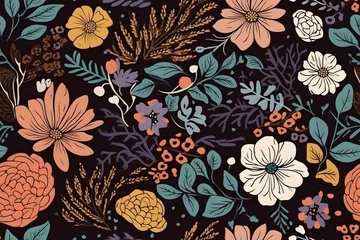 Rollo Seamless Сontemporary Spring Floral Pattern. Hand-drawn illustration. Flowers on black background. Decor, wallpaper, textile. Scandinavian design. Generative Ai. © ckybe