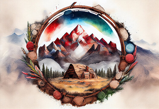 A serene mountain landscape with a Native American medicine wheel, symbolizing the spiritual connection to the land and the wisdom of indigenous traditions, watercolor style Generative AI
