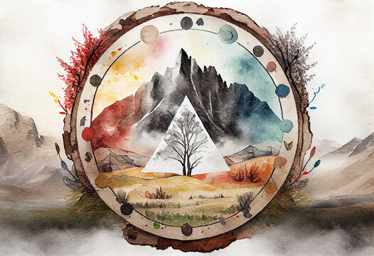 A serene mountain landscape with a Native American medicine wheel, symbolizing the spiritual connection to the land and the wisdom of indigenous traditions, watercolor style Generative AI