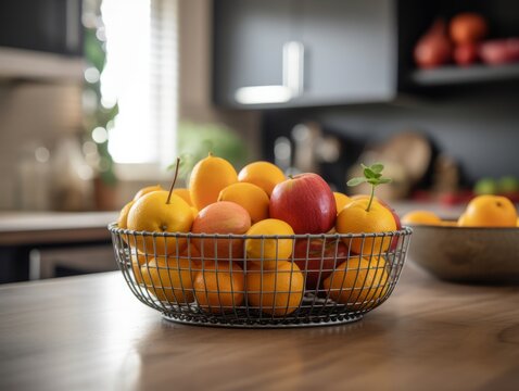 A picture of a wire basket filled with fresh fruits and vegetables, such as apples, oranges, and potatoes
