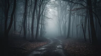 Foto op Plexiglas Fantasie landschap Fog In Spooky Forest At Moon Light On Asphalt - Abstract Bokeh, generative ai
