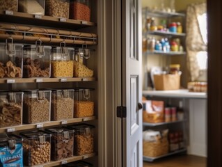A photo of a pantry door organizer with different snacks and treats sorted into individual pockets