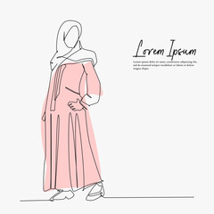 Vector illustration of Muslim woman in traditional clothes. Continuous line drawing.