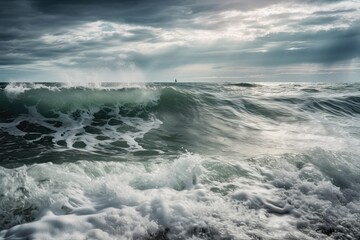 A Cold Stormy Sea Wave: Nature's Power and Majesty at the Ocean's Horizon. Generative AI
